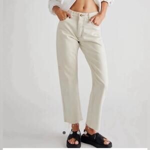 Thrills free people Paige mid rise straight leg jeans button fly cream boho 2/4